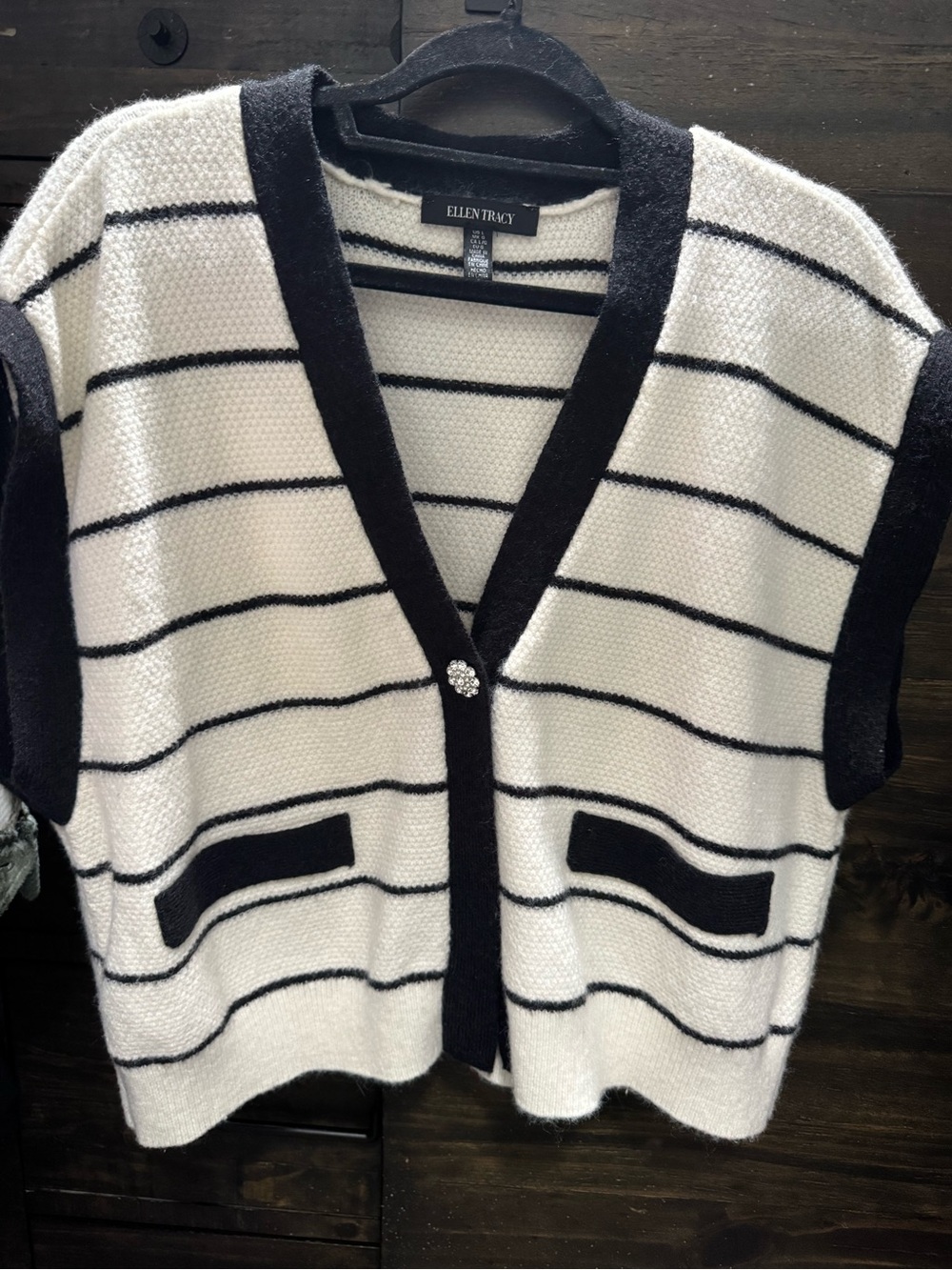 Ellen Tracy Cream and Black Striped Short-Sleeve Cardigan with Jewel Button